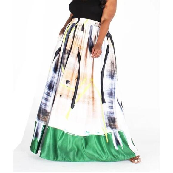 Nuuts Abstract Satin Flare Maxi Skirt Multicolor 2XL | Boho Festival A-Line - Picture 2 of 13